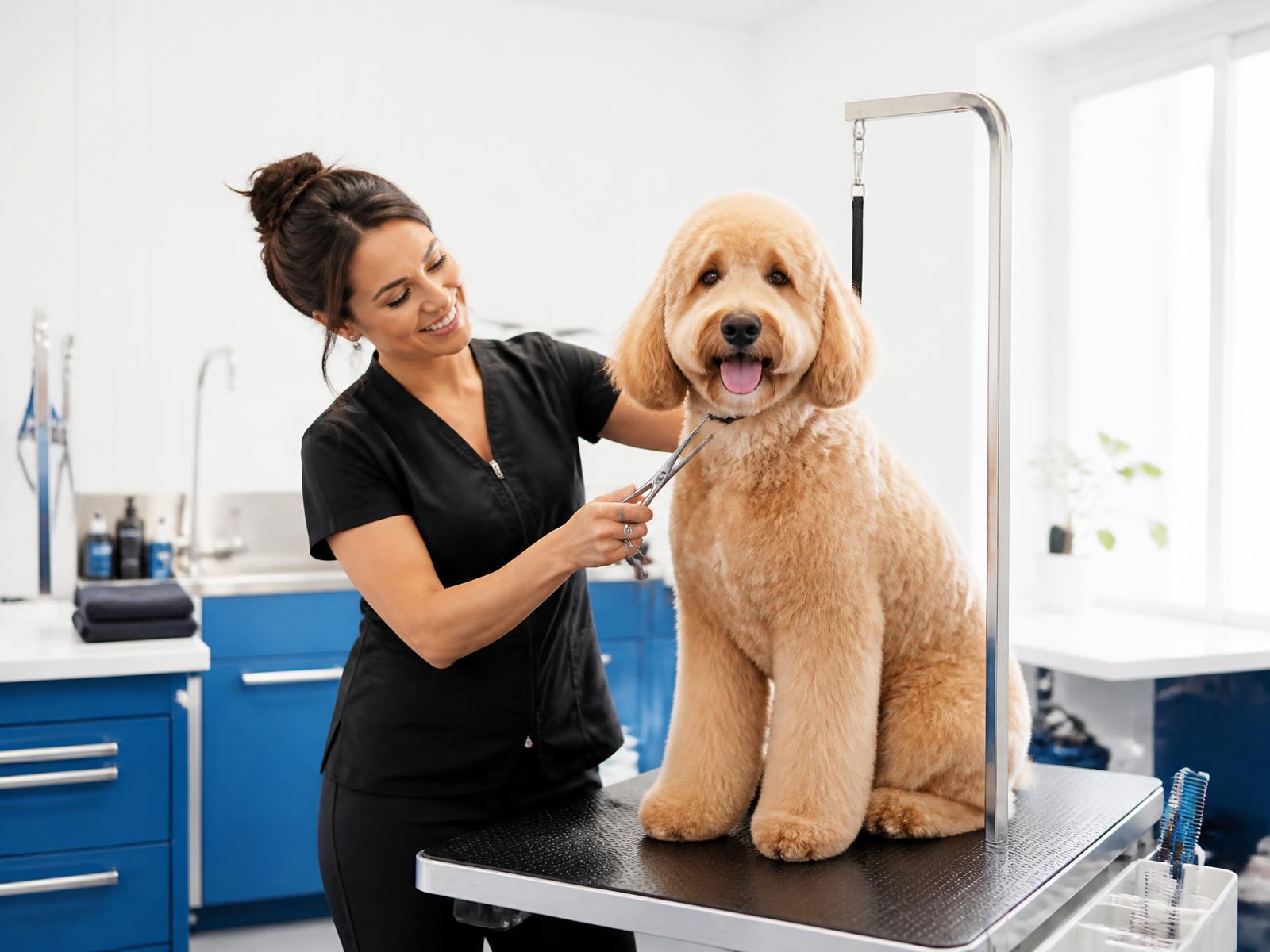 Professional groomer finishing a goldendoodle in a modern salon