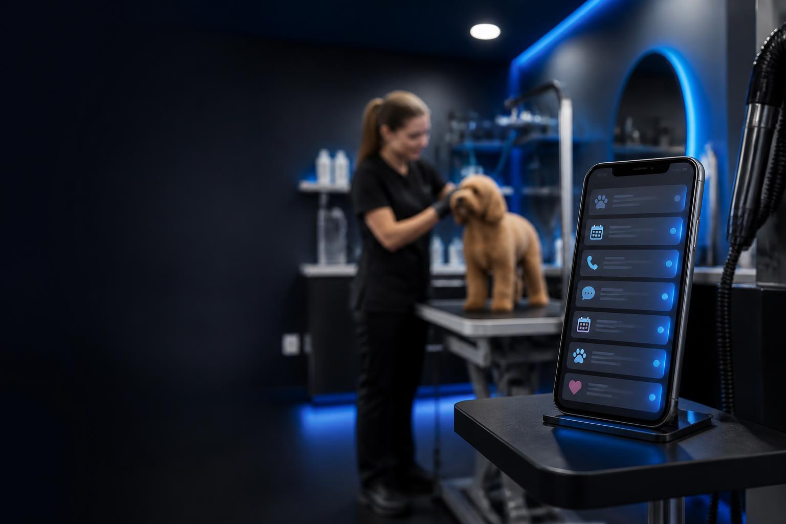 Smartphone receiving grooming lead and booking notifications while a groomer works